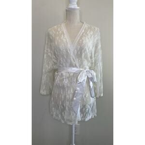 Vintage Fredericks Of Hollywood Lace Floral Robe 3/4 Fairy Wedding Bride Ivory L